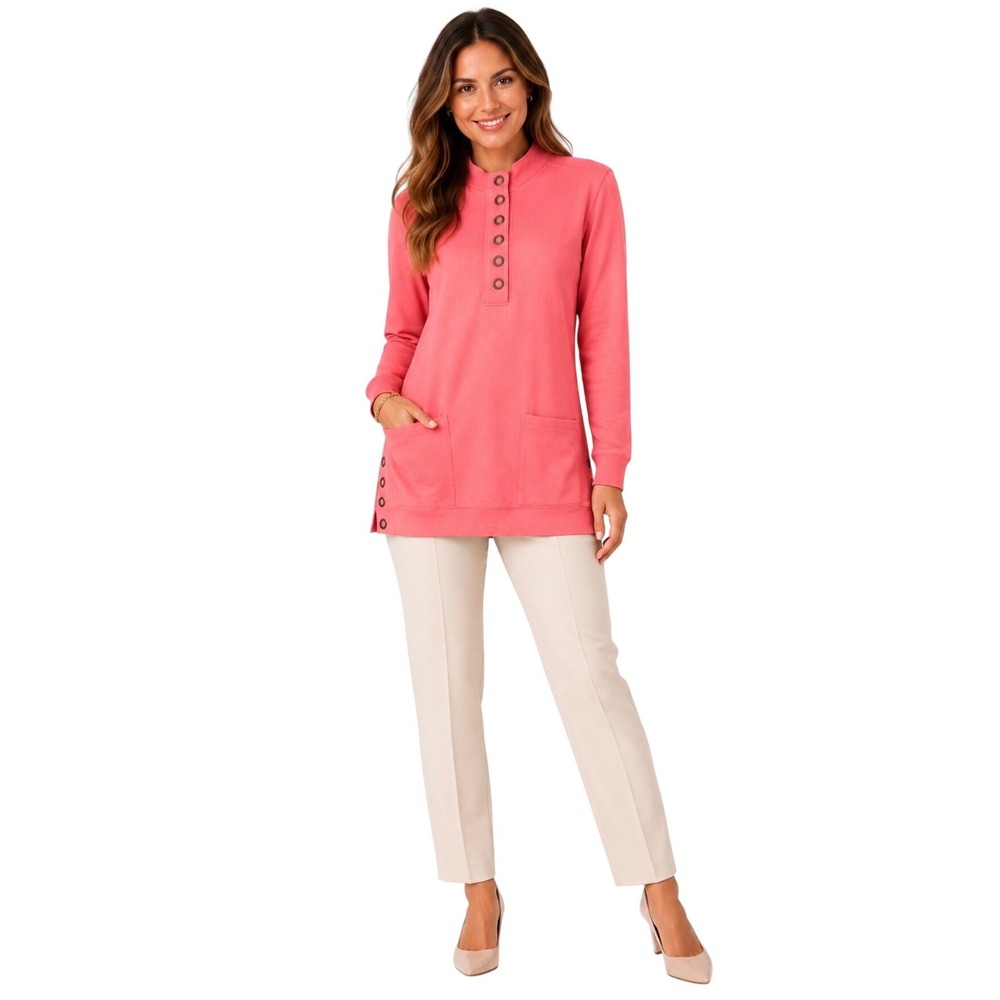 Soft Surroundings Coral Pink Henley Pullover Sweatshirt Grommet Petite Large